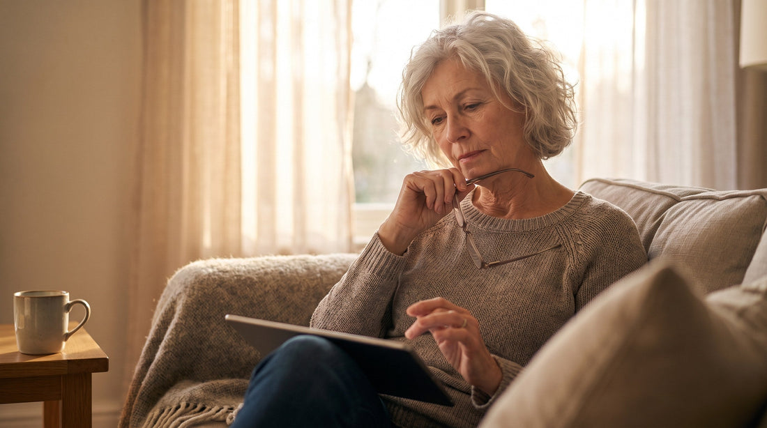 Woman in her sixties on a sofa holding a tablet in one hand and a pair of rectangular reading glasses in the other