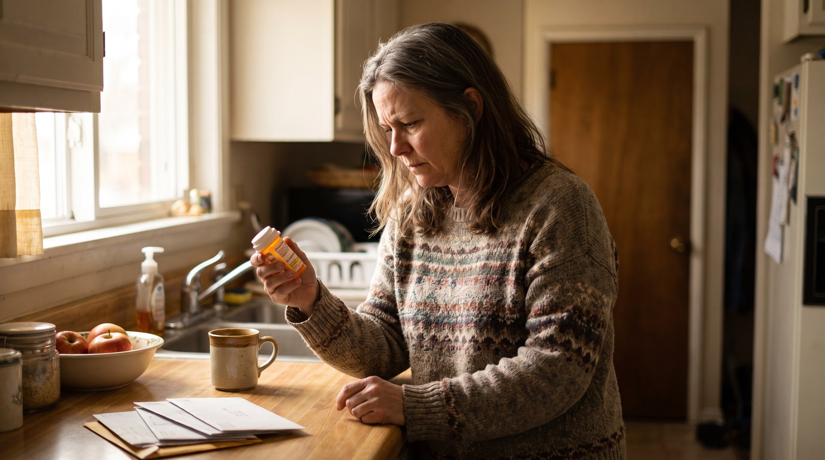 Woman in her early fifties holding a prescription bottle at arm's length to read the small print in her kitchen