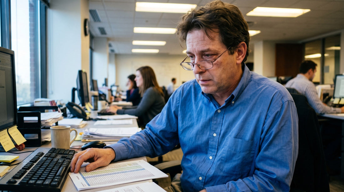 Man in his late forties leaning toward a monitor at an office desk wearing reading glasses, with printed paperwork beside the keyboard
