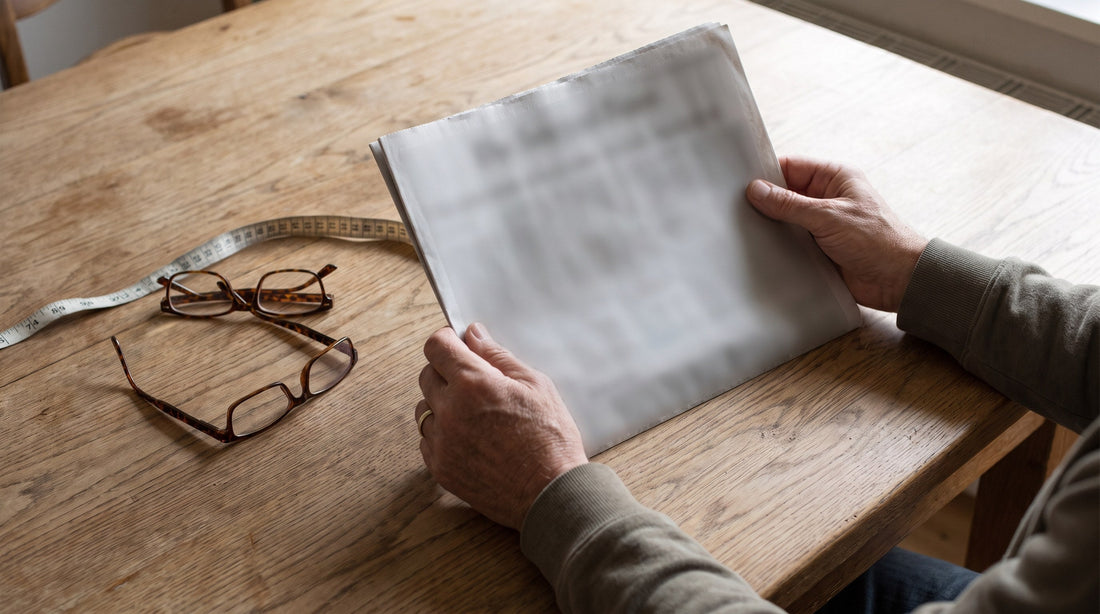 Overhead view of hands holding a newspaper at reading distance beside a tape measure and two pairs of reading glasses on a wooden table