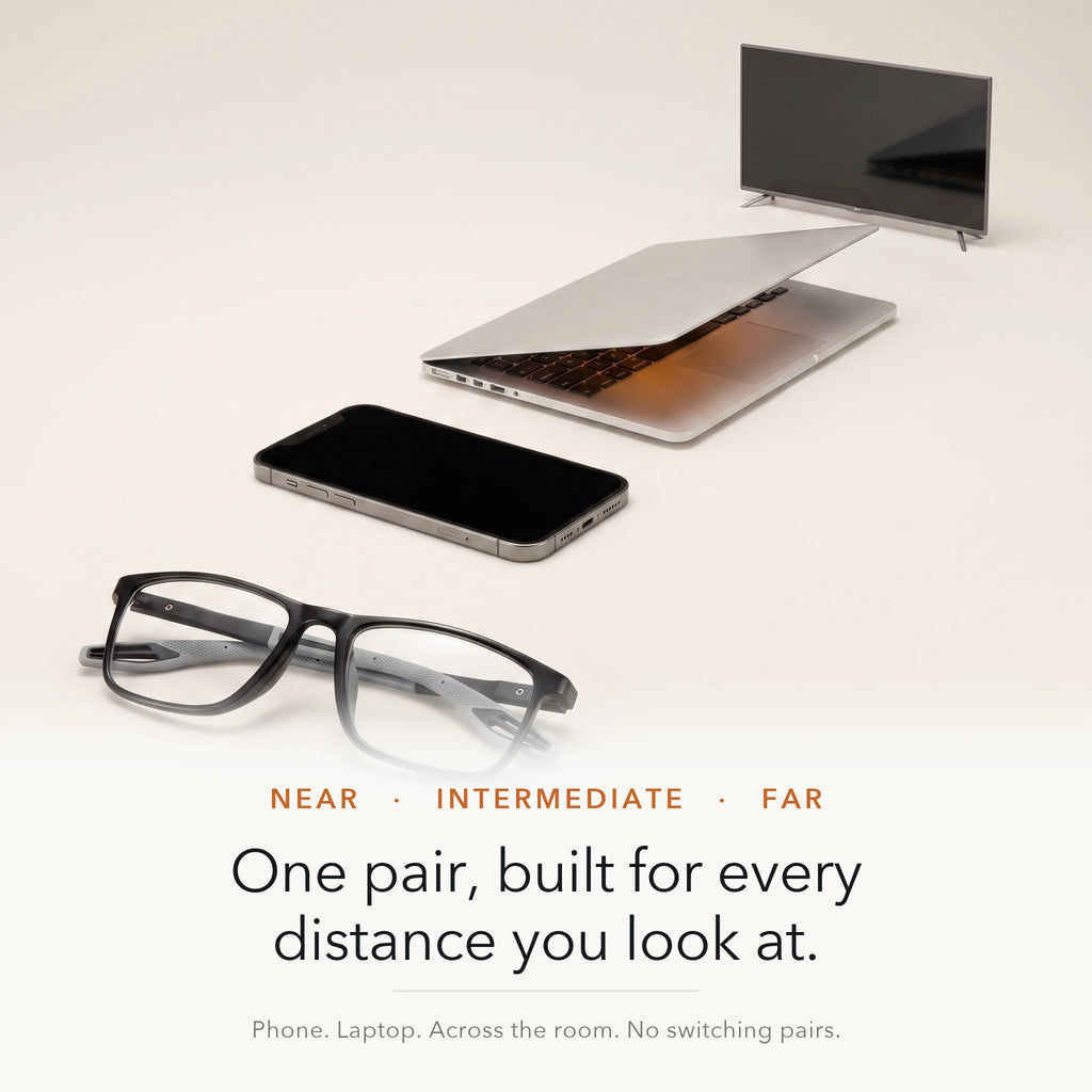 One pair covering near, intermediate and far viewing distances: phone, laptop and television