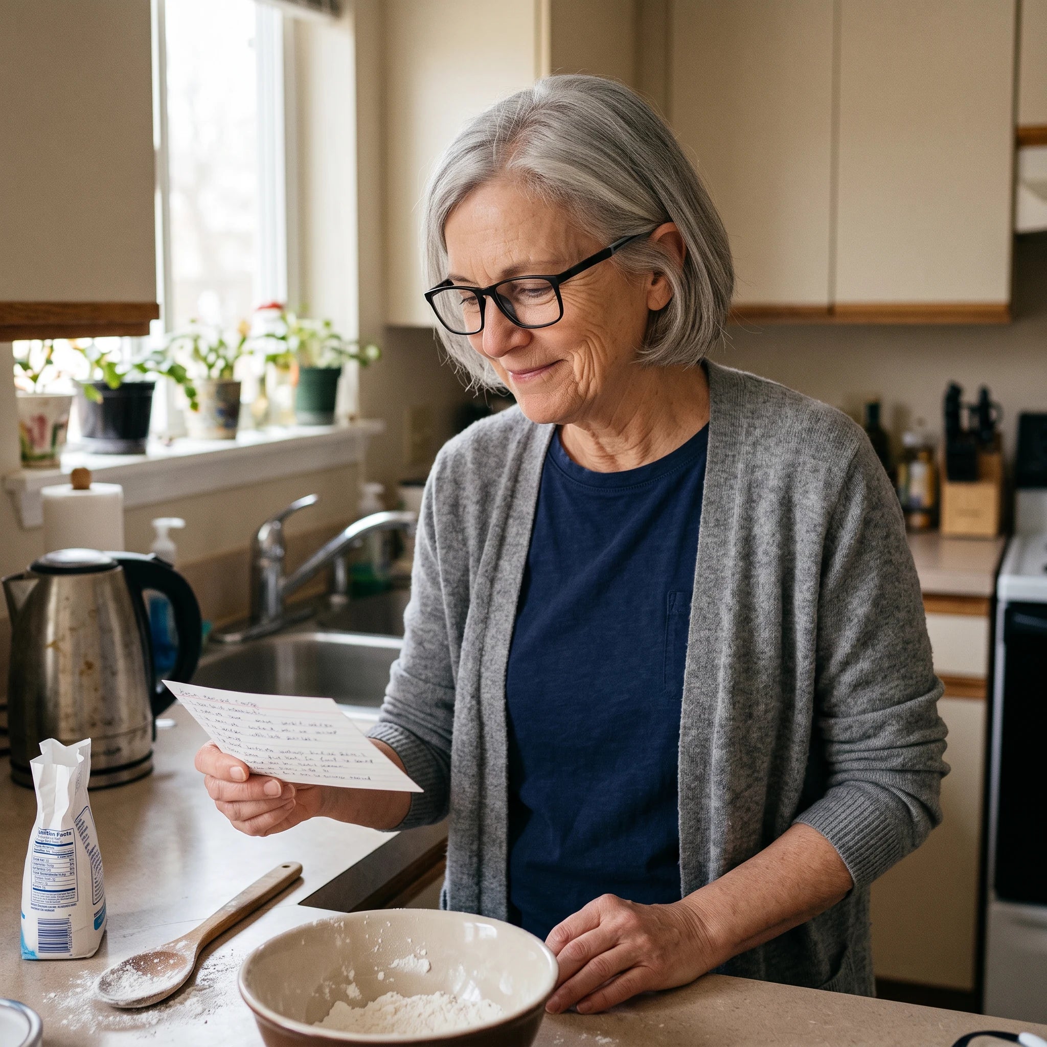 Woman in her sixties wearing OpticVisionPro reading a recipe card in her own kitchen