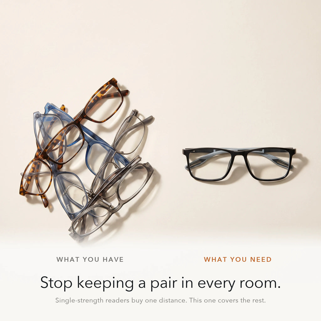 Five cheap single-strength readers beside one pair of OpticVisionPro multifocal reading glasses