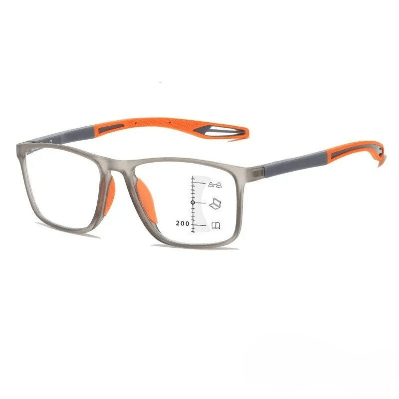 OpticVisionPro multifocal reading glasses in gunmetal and orange, angled view showing the lens