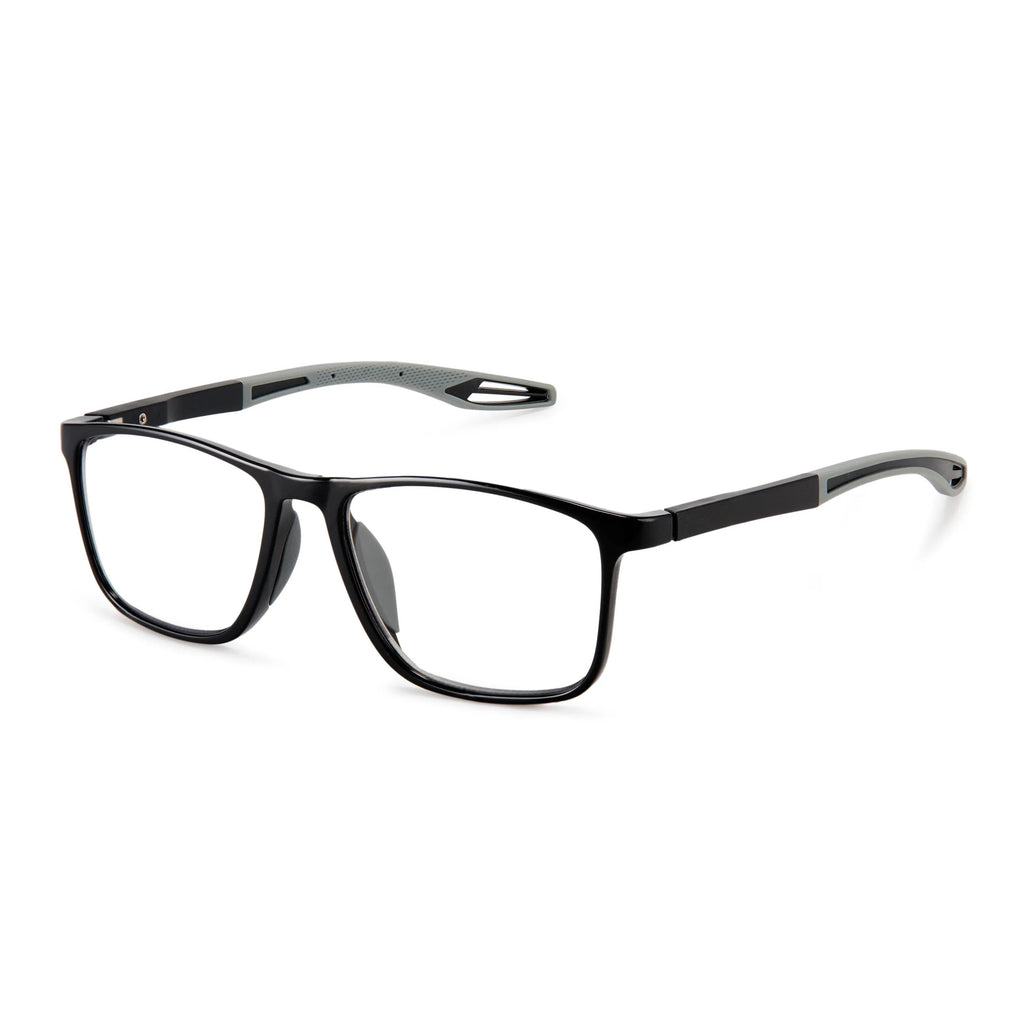 OpticVisionPro multifocal reading glasses in matte black, side three-quarter view on white