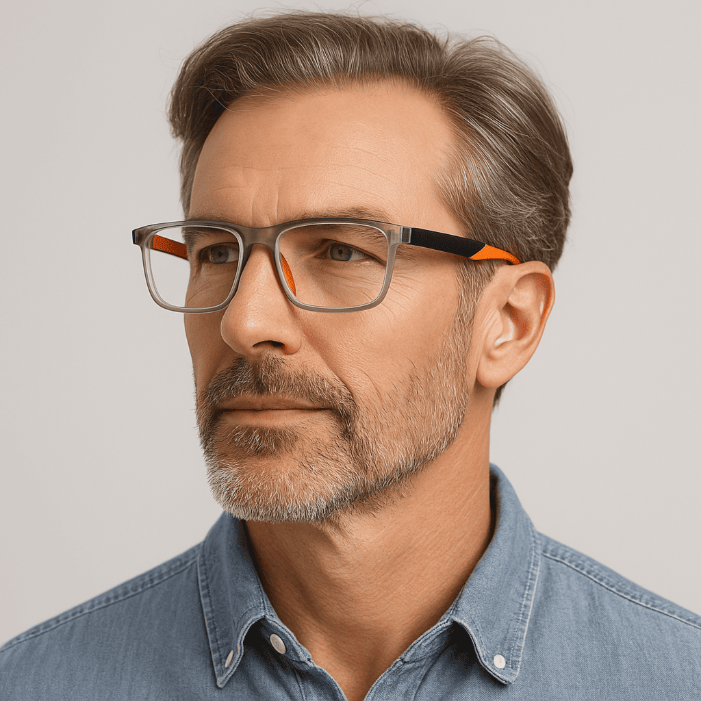 Man in his fifties wearing OpticVisionPro multifocal reading glasses