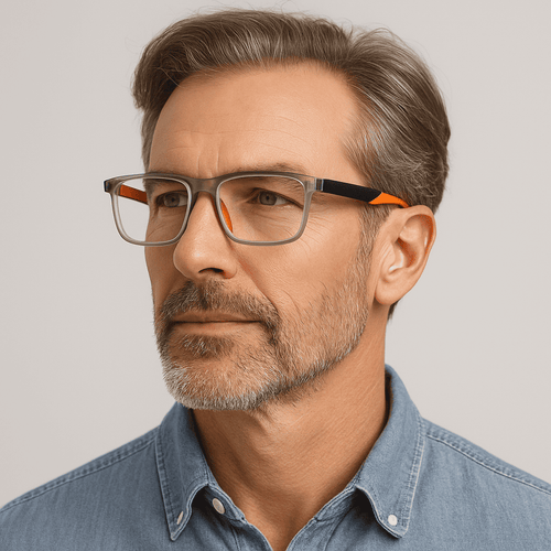 Man in his fifties wearing OpticVisionPro multifocal reading glasses