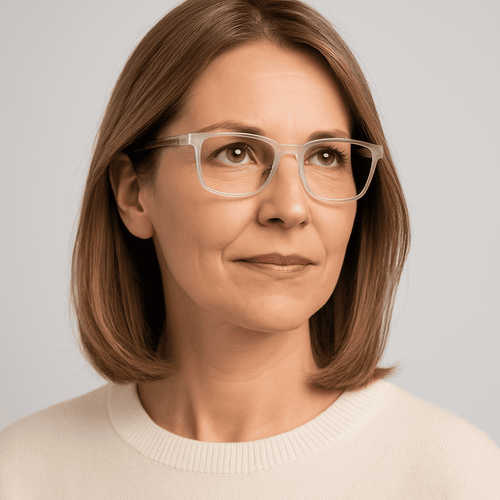 Woman in her fifties wearing OpticVisionPro multifocal reading glasses in crystal clear